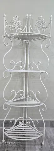 White Wrought Iron Corner Shelf Unit - 4 Tier Decorative Rack (Homes r Us)