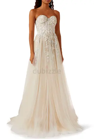 Strapless Ivory Beaded Tulle Evening / Wedding Dress, Size Available