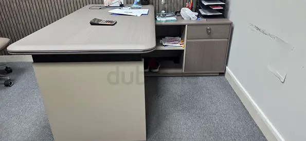 Used Office Desk with Attached Storage Cabinet - Light Wood Finish