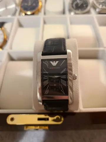 Emporio Armani Mens Rectangular Black Leather Strap Watch - Classic Dress Watch