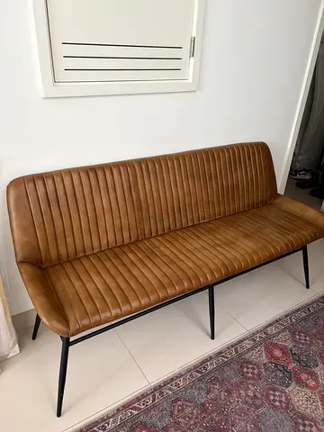 Vintage-style Brown Leather Bench Sofa with Metal Legs - Good Condition