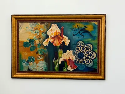 Hand painted ottoman vintage antique iris floral painting textured canvas and wooden frame