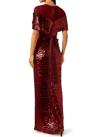 Burgundy Sequin Evening Gown with Bow Back — Size M