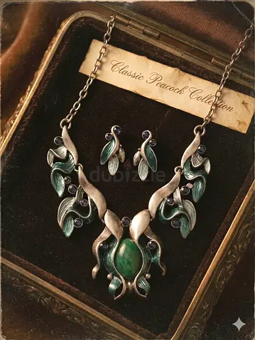 Vintage Peacock Green Enamel Necklace and Earrings Set