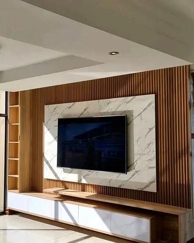 Modern TV Entertainment Unit with Marble Panel and Storage