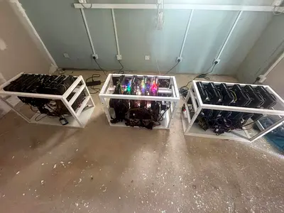 Used Cryptocurrency Mining Rigs — 3 Open-Air Frames with Multiple GPUs