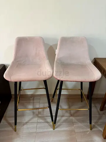 Set of 2 Pink Velvet Bar Stools with Gold Accents