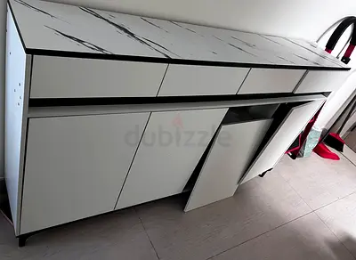Modern white sideboard cabinet with marble top - good condition
