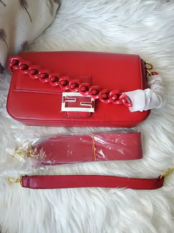 Fendi Baguette Red womens shoulder bag with two detachable straps