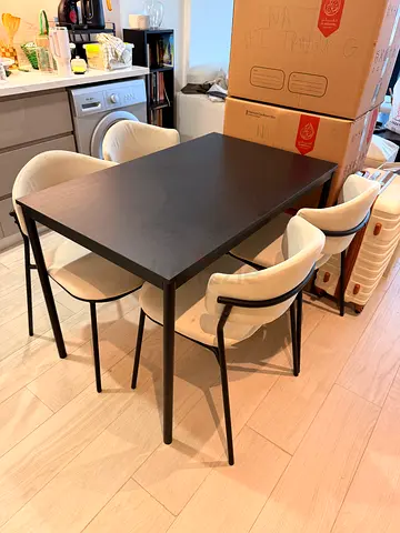 Dark Wood Dining Table with 4 Cream Upholstered Chairs