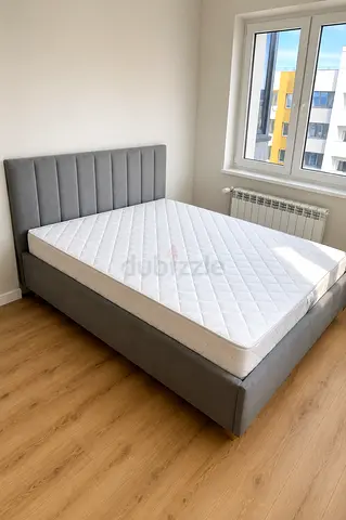 Modern Gray Fabric Bed with Quilted Mattress