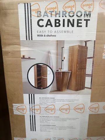 Modern Slatted Tallboy Bathroom Cabinet 6-Tier Wooden Storage Organizer Unit