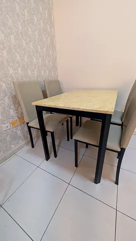 Compact 4-Seater Dining Table with Chairs - Beige Upholstery
