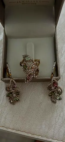 Silver gold plated set with semi pressure stones - ring size around 57/58
