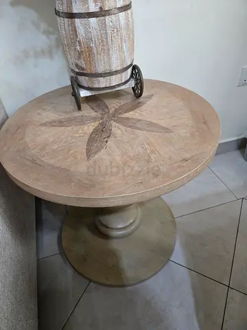 Round Wooden Side Table with Carved Star Motif - Light Oak