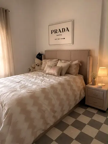 Queen upholstered bed with mattress and bedside table - neutral pink set
