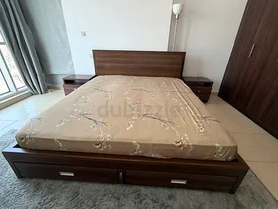 Modern Wooden Bed Set with Integrated Storage Drawers and Matching Side Tables without Matress