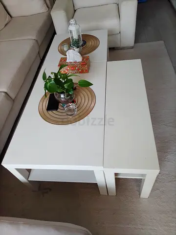 Sofa set tables all for 800 AED.White Fabric Armchair - Comfortable Single Seater, Good Condition