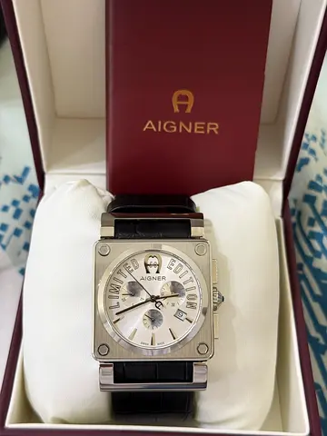 Aigner Mens Square Stainless Steel Chronograph Watch with Leather Strap