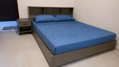 1 Wooden king Bed Frame with Built-in Headboard Shelves and Nightstand and 1 200*200 steel frame bed