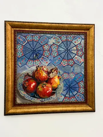 Authentic Turkish pomegranate still life painting, hand painted textured antique painting