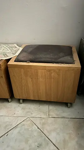Small Oak Storage Ottoman on Wheels with Padded Top