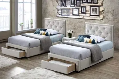 Pair of Single Storage Beds with Upholstered Headboards with mattress Delivery fixing