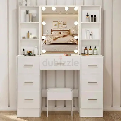 White Dressing Table with Mirror, Shelves and Drawers (Vanity Set)