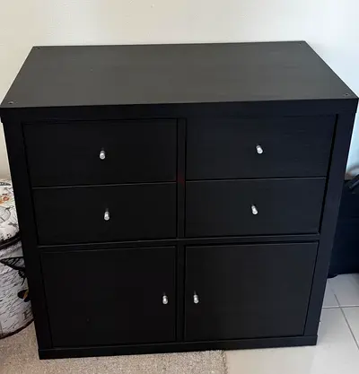 2 for 400 aed : Black 6-Compartment Cabinet with Drawers and Doors - Good Condition