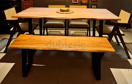 Solid Live-Edge Wooden Dining Table with Bench and  4 Rattan Chairs