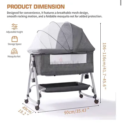 Foldable Baby Bassinet/Cradle with Mosquito Net and Storage (Adjustable Height)