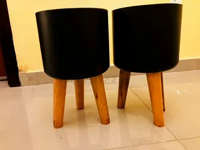 Set of 2 Black Wooden-Leg Plant Pots / Small Side Stools