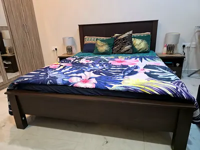 Solid Wood Queen Bed Frame with Headboard - Dark Finish with 2 side tables and Mattress