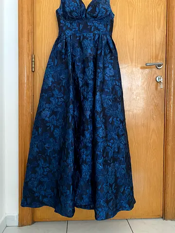 Navy Blue Floral A-line Evening Dress (Size  M). Worm only once. Fresh from dry cleaner.