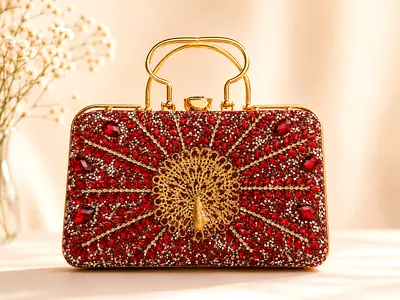 Red Crystal Embellished Evening Clutch with Gold Handle
