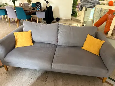 Grey 3-Seater Sofa with Wooden Legs — Good Condition