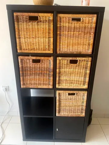 IKEA Kallax-style Storage Unit with 5 Wicker Baskets - Black
