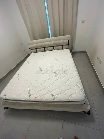 Queen-size upholstered bed frame with mattress - light grey