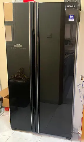 Hitachi Side-by-Side Refrigerator - Black Glass Finish, Excellent Condition