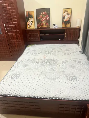 Queen bed frame with mattress and bedside cabinets - solid wood set