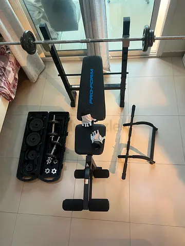 Dubai South - Home gym - 50 kg weights + bench + door pullup bar