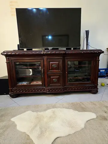 Solid Dark Wood Entertainment TV Cabinet with Glass Doors — Classic Design