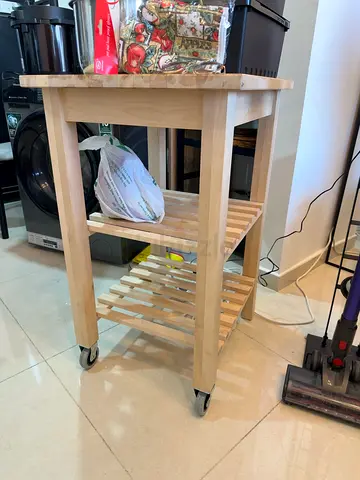 IKEA BEKVAM KITCHEN TROLLEY BIRCH Small wooden kitchen island on wheels with shelving - light maple