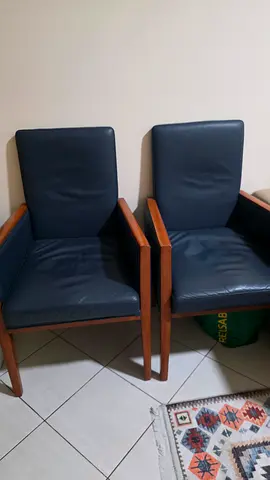 Pair of Wooden Frame Lounge Chairs with Dark Leatherette Cushions