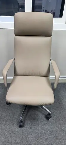 Beige Leather Office Chair with Headrest and Wheels - Good Condition