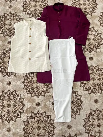 Mens Kurta Set with Waistcoat and White Pants