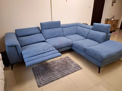 Modern Blue L-Shaped Sectional Sofa with Recliner