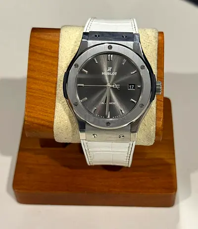 Original Hublot Classic Fusion automatic watch with white leather strap