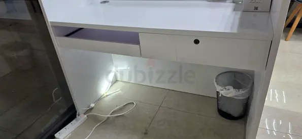 White Wooden Reception Desk with Drawer and LED Light - Good Condition
