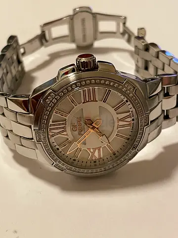 Silver-tone GF Swiss Quartz Mens Watch with Roman Dial and Crystal Bezel